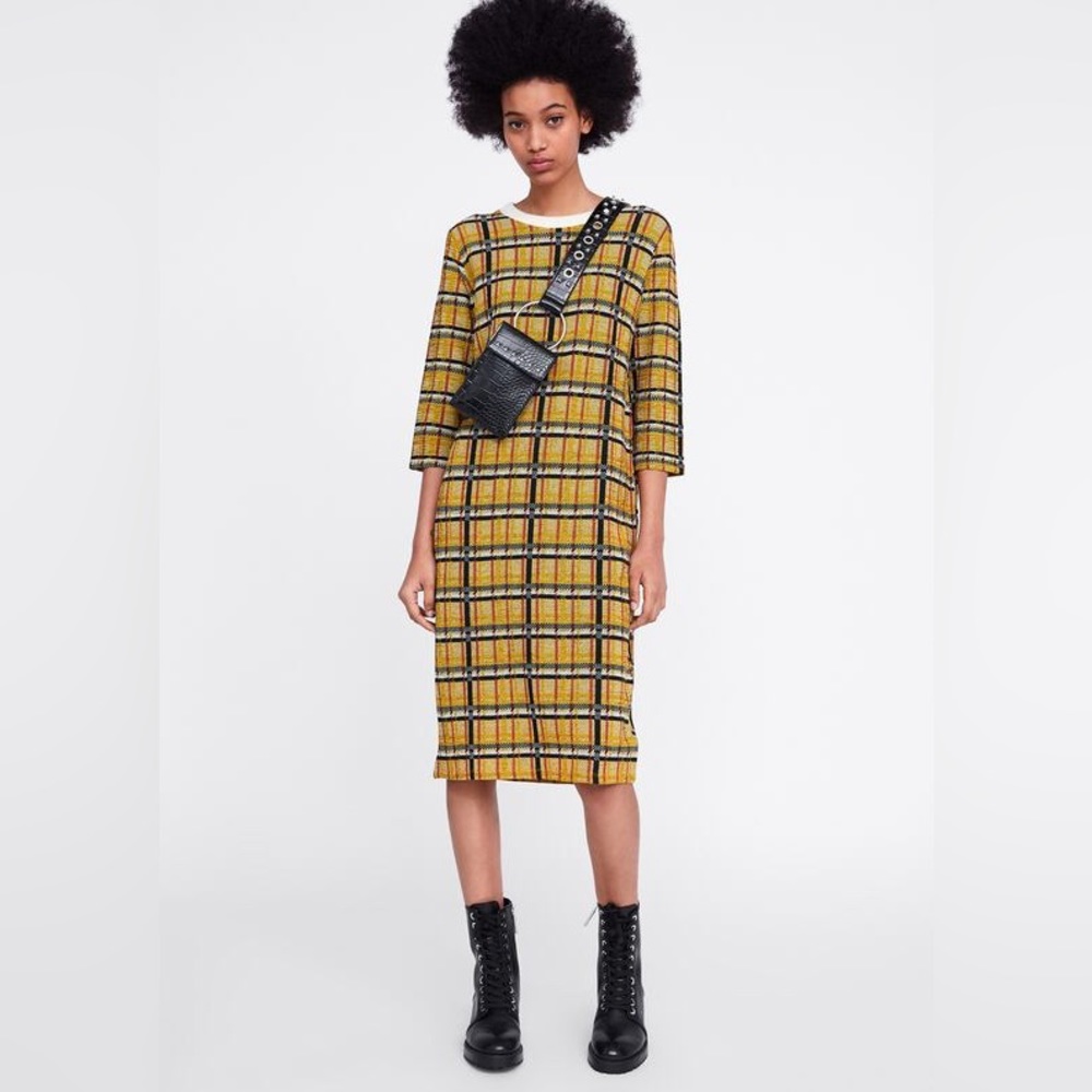 ZARA Yellow Plaid Sweater Midi Dress Blogger Favorite